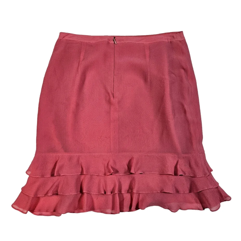 Express Pink 100% Silk Pencil Skirt Sz 6 Tier Ruffle Hem Lined Barbie Workwear